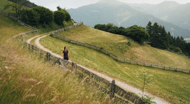 Turista na lesní cestě uprostřed polí | © TVB Wipptal | Johannes Bitter